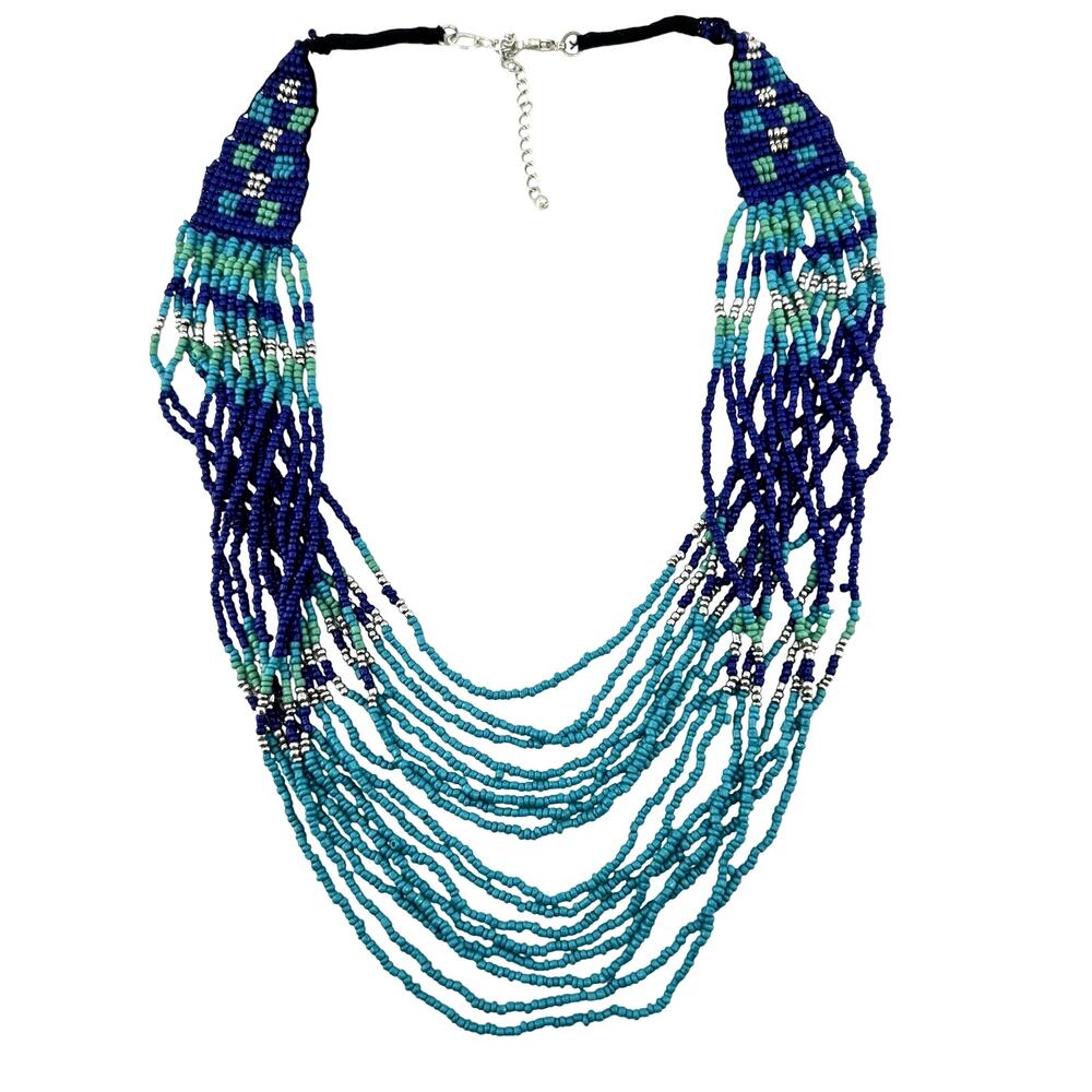 Boho Blue Teal Green Woven Beads Draped Multistrand Silver Tone 25” Necklace - Picture 4 of 6